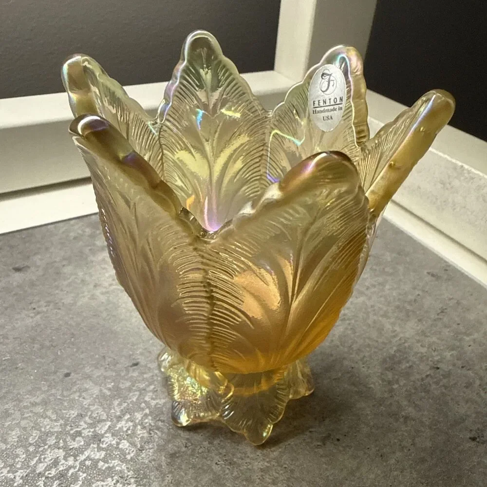 VTG Fenton Vintage Amber Iridescent Tulip Votive Candle Holder